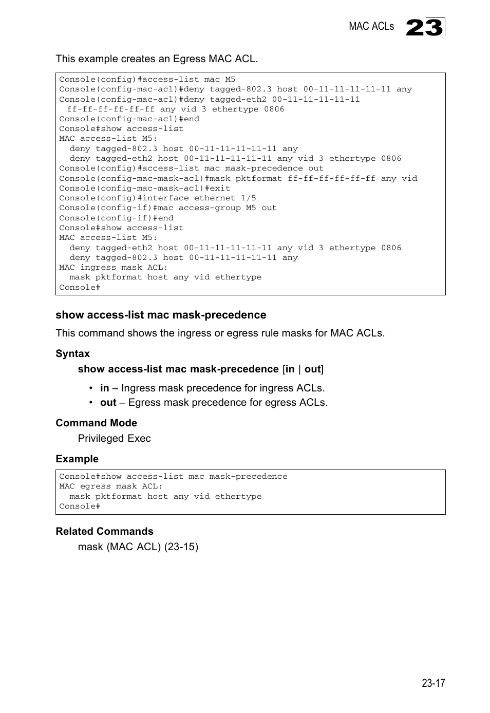 Show access-list mac mask-precedence | Edge Products ES3528-WDM User Manual | Page 401 / 556