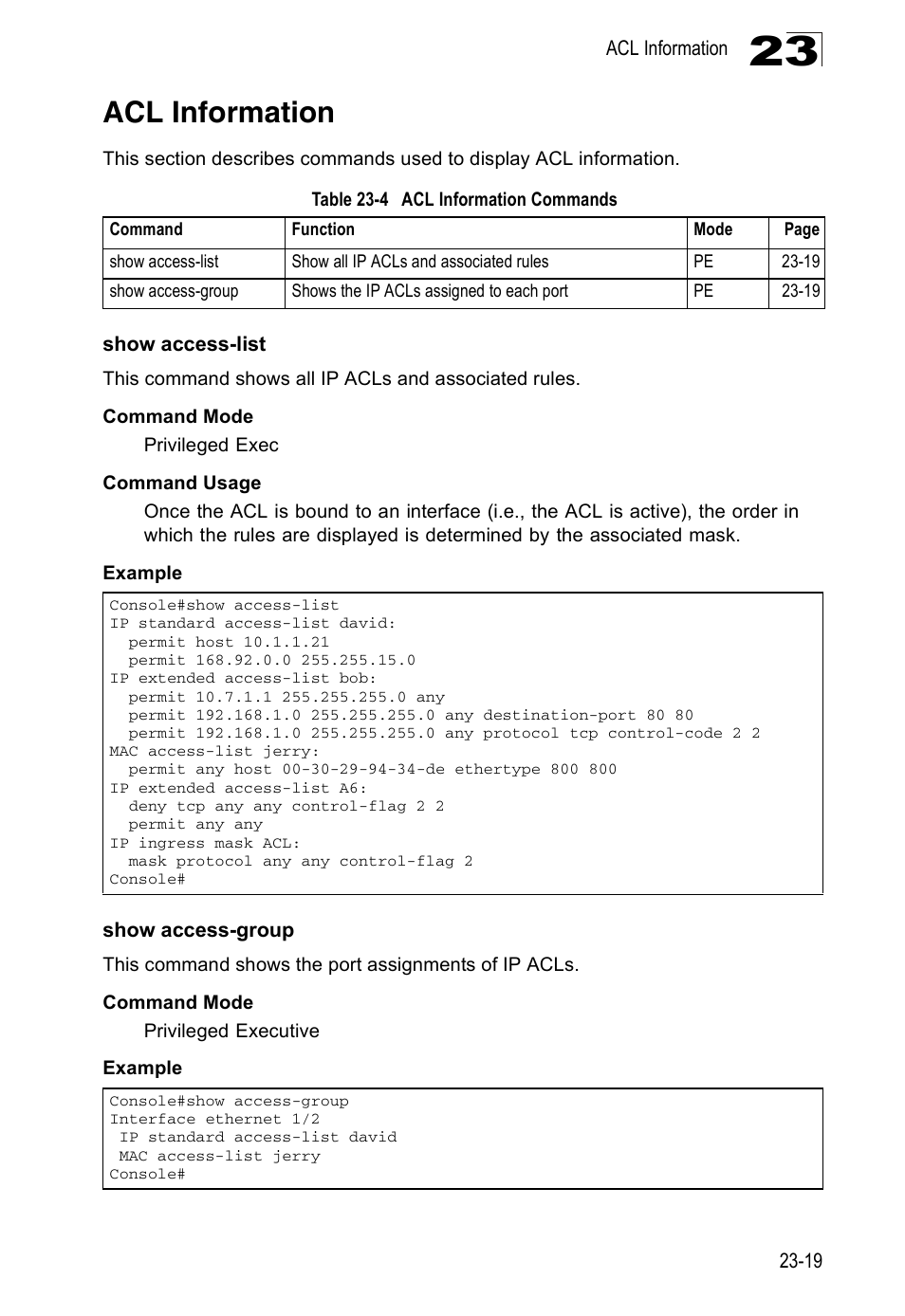 Acl information, Show access-list, Show access-group | Table 23-4, Acl information commands | Edge Products ES3528-WDM User Manual | Page 403 / 556