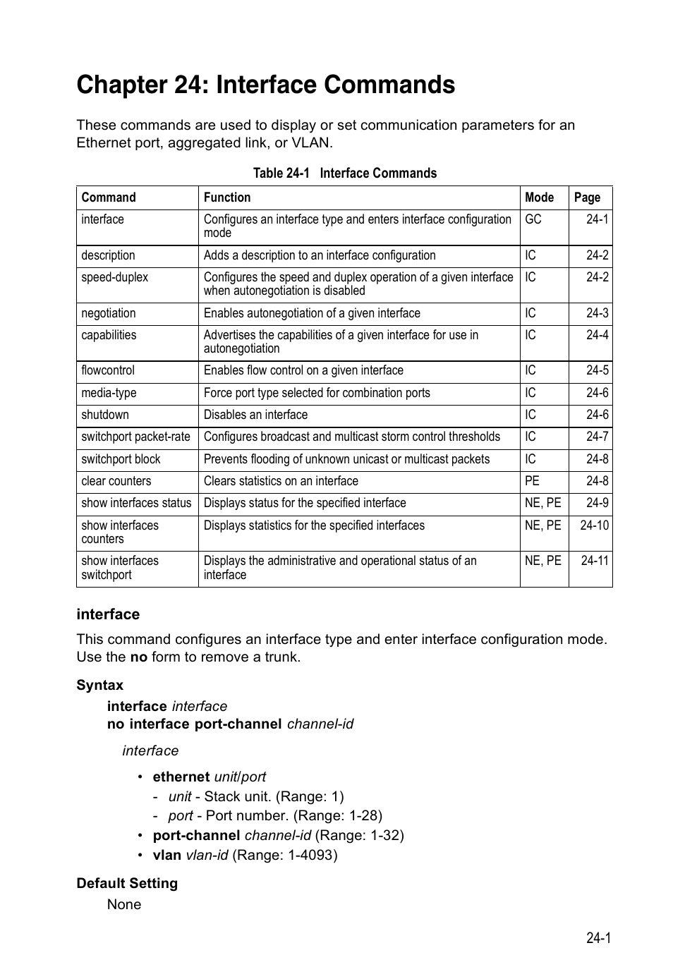 Chapter 24: interface commands, Interface, Interface 24-1 | Table 24-1, Interface commands | Edge Products ES3528-WDM User Manual | Page 405 / 556