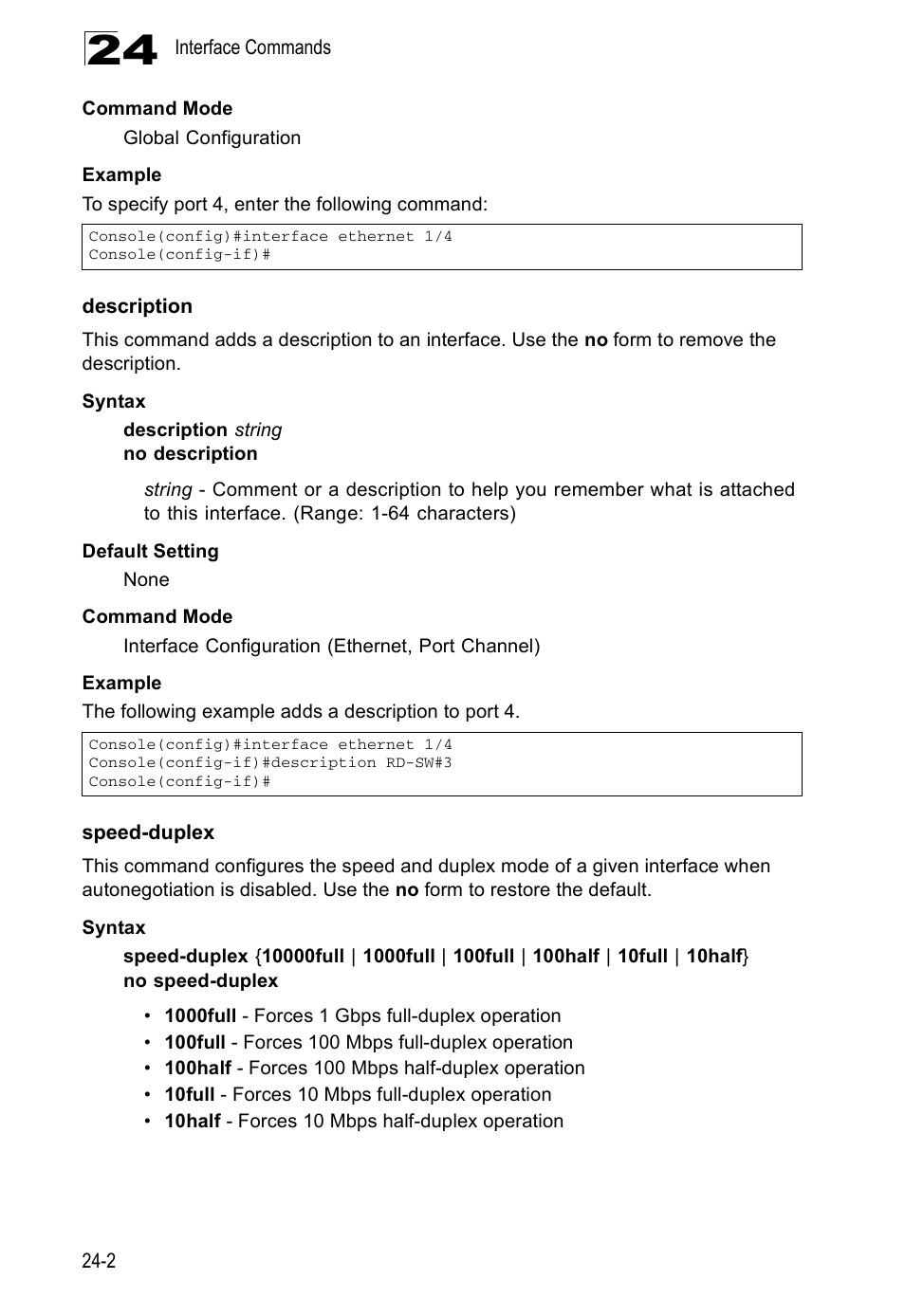 Description, Speed-duplex, Description 24-2 speed-duplex 24-2 | Edge Products ES3528-WDM User Manual | Page 406 / 556