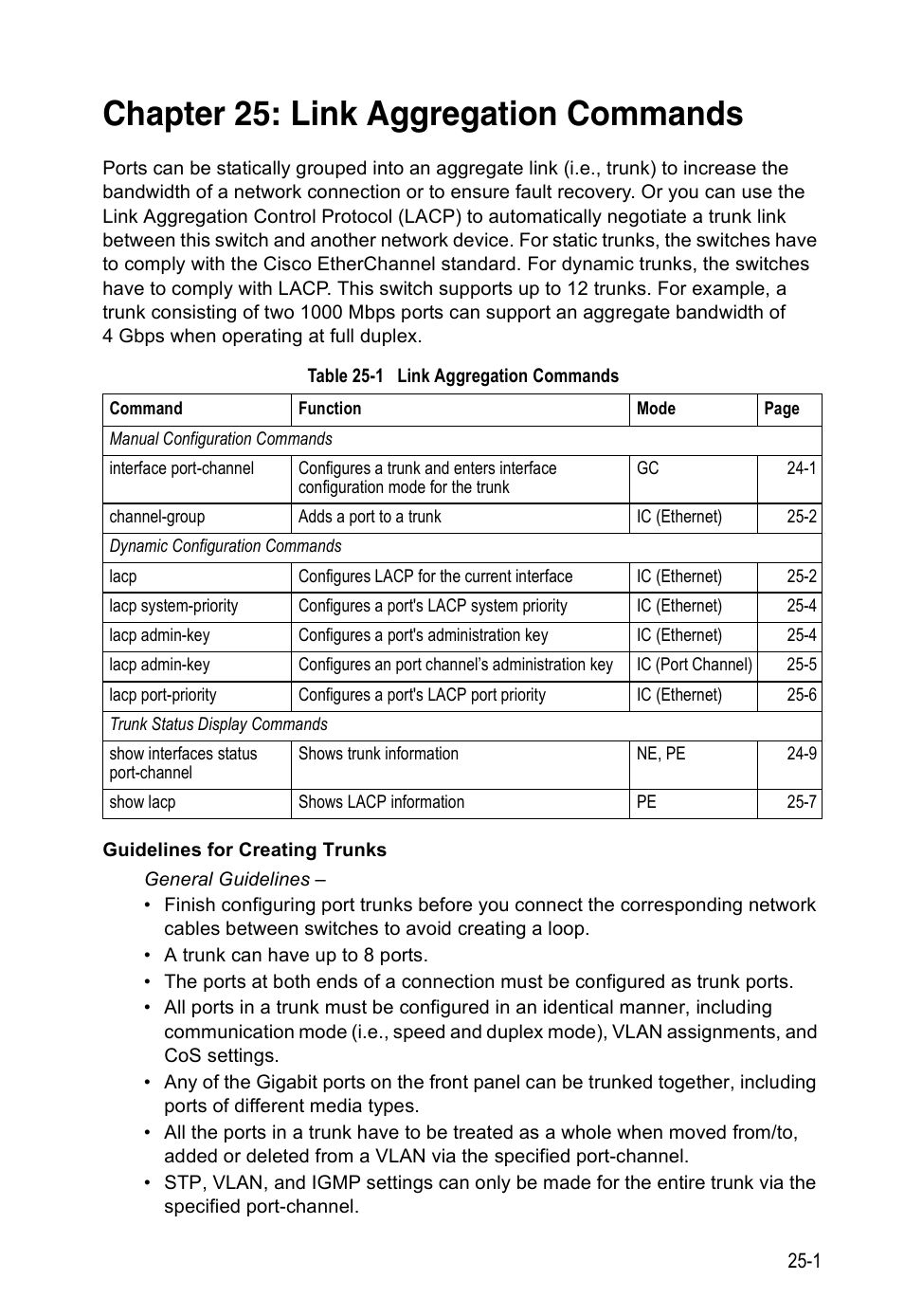 Chapter 25: link aggregation commands, Table 25-1, Link aggregation commands | Edge Products ES3528-WDM User Manual | Page 417 / 556