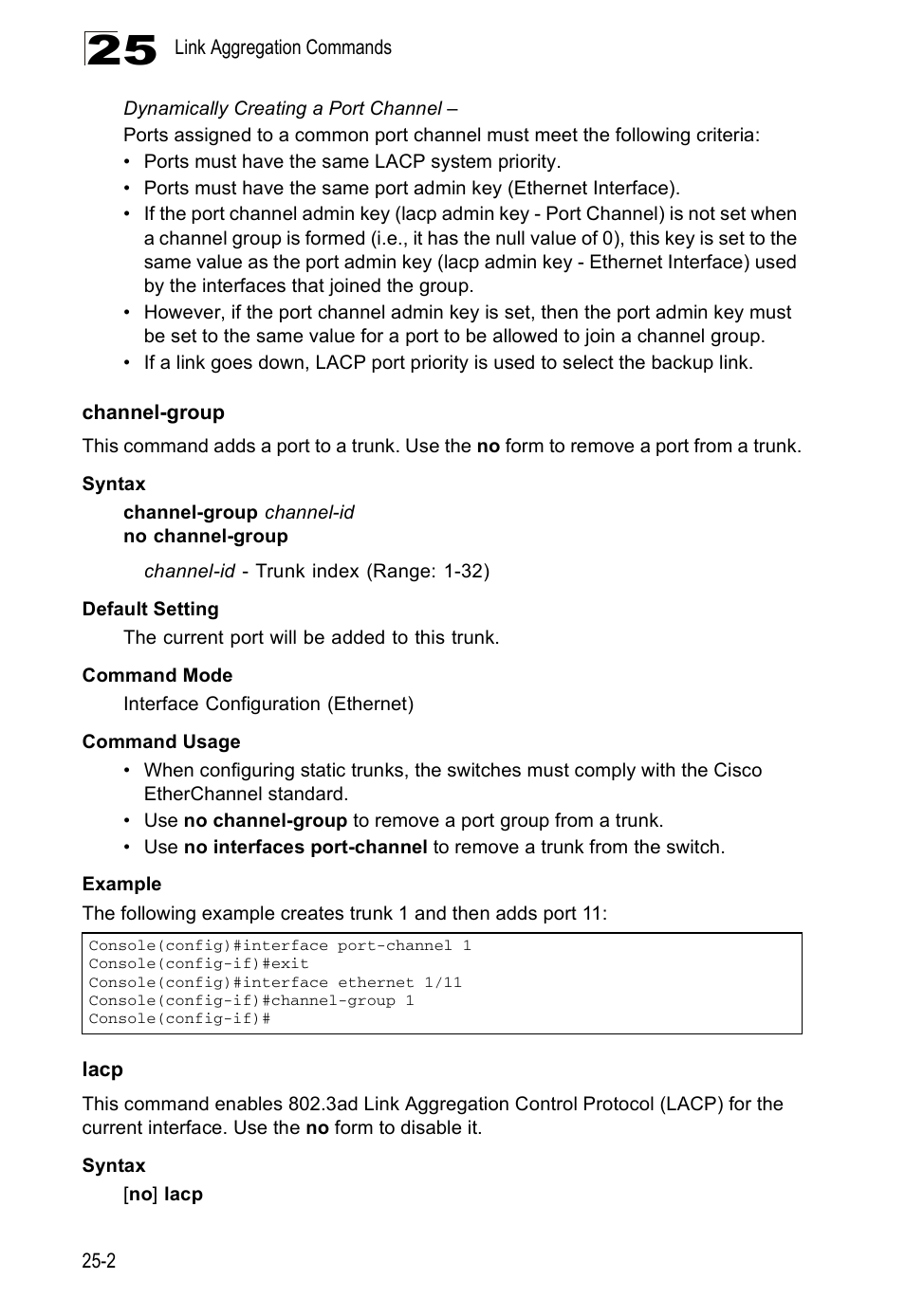 Channel-group, Lacp, Lacp 25-2 | Edge Products ES3528-WDM User Manual | Page 418 / 556
