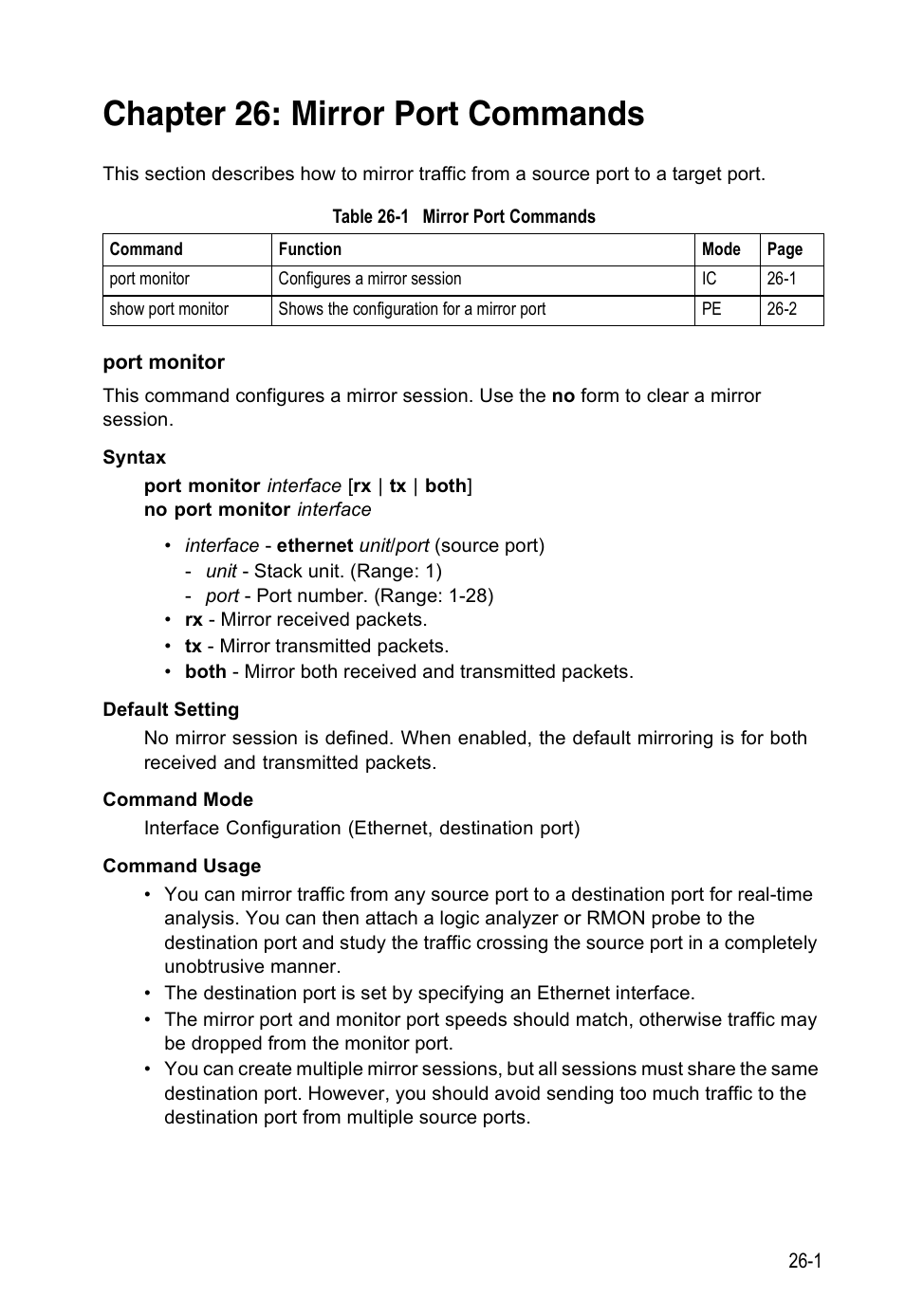 Chapter 26: mirror port commands, Port monitor, Table 26-1 | Mirror port commands | Edge Products ES3528-WDM User Manual | Page 427 / 556