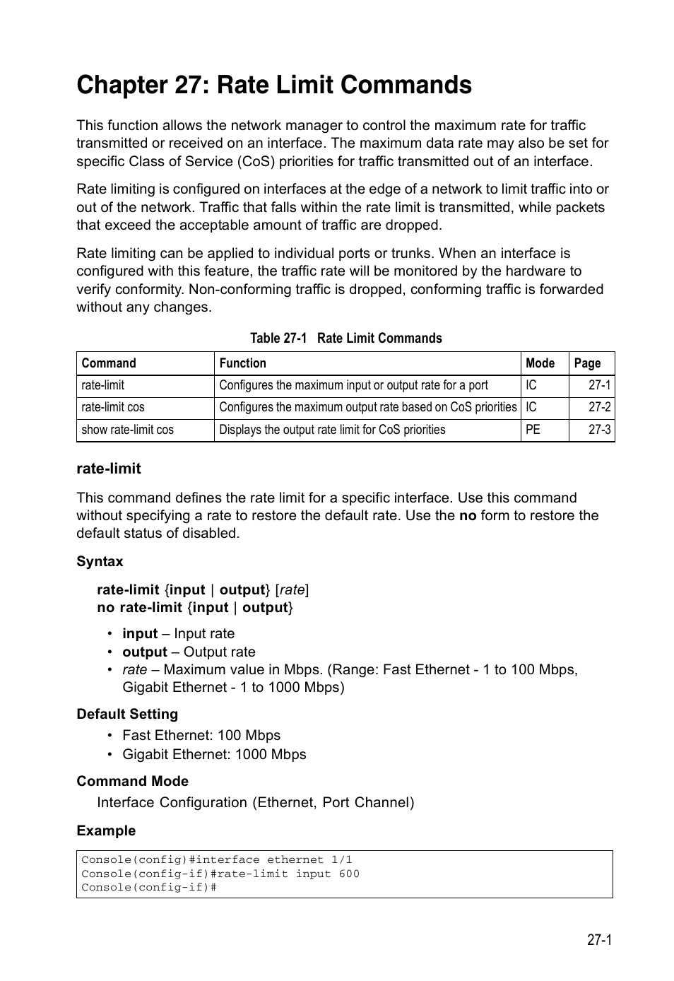 Chapter 27: rate limit commands, Rate-limit, Rate-limit 27-1 | Table 27-1, Rate limit commands | Edge Products ES3528-WDM User Manual | Page 429 / 556