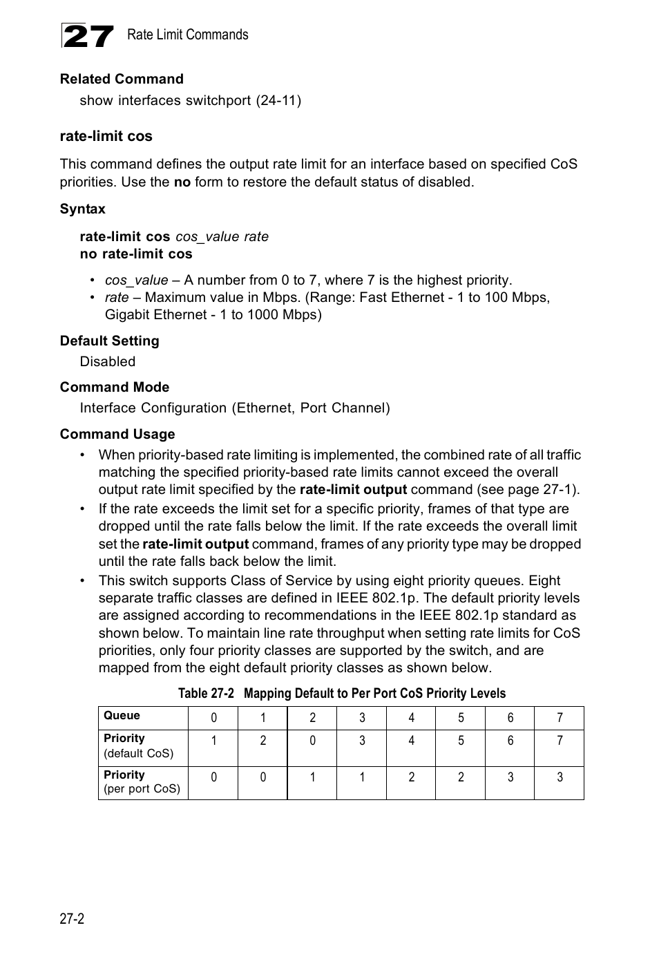 Rate-limit cos, Table 27-2, Mapping default to per port cos priority levels | Edge Products ES3528-WDM User Manual | Page 430 / 556