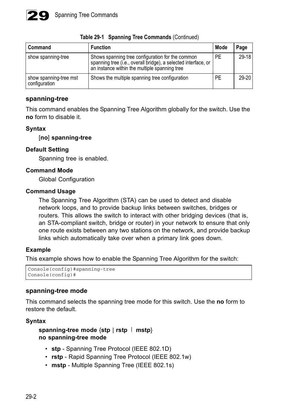 Spanning-tree, Spanning-tree mode, Spanning-tree 29-2 spanning-tree mode | Edge Products ES3528-WDM User Manual | Page 438 / 556