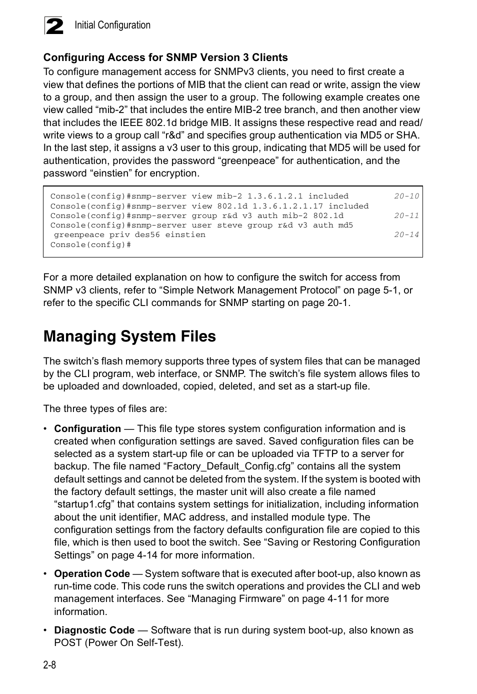Configuring access for snmp version 3 clients, Managing system files | Edge Products ES3528-WDM User Manual | Page 44 / 556