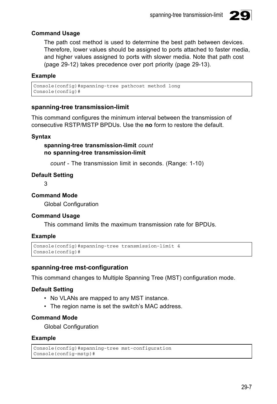 Spanning-tree transmission-limit, Spanning-tree mst-configuration | Edge Products ES3528-WDM User Manual | Page 443 / 556