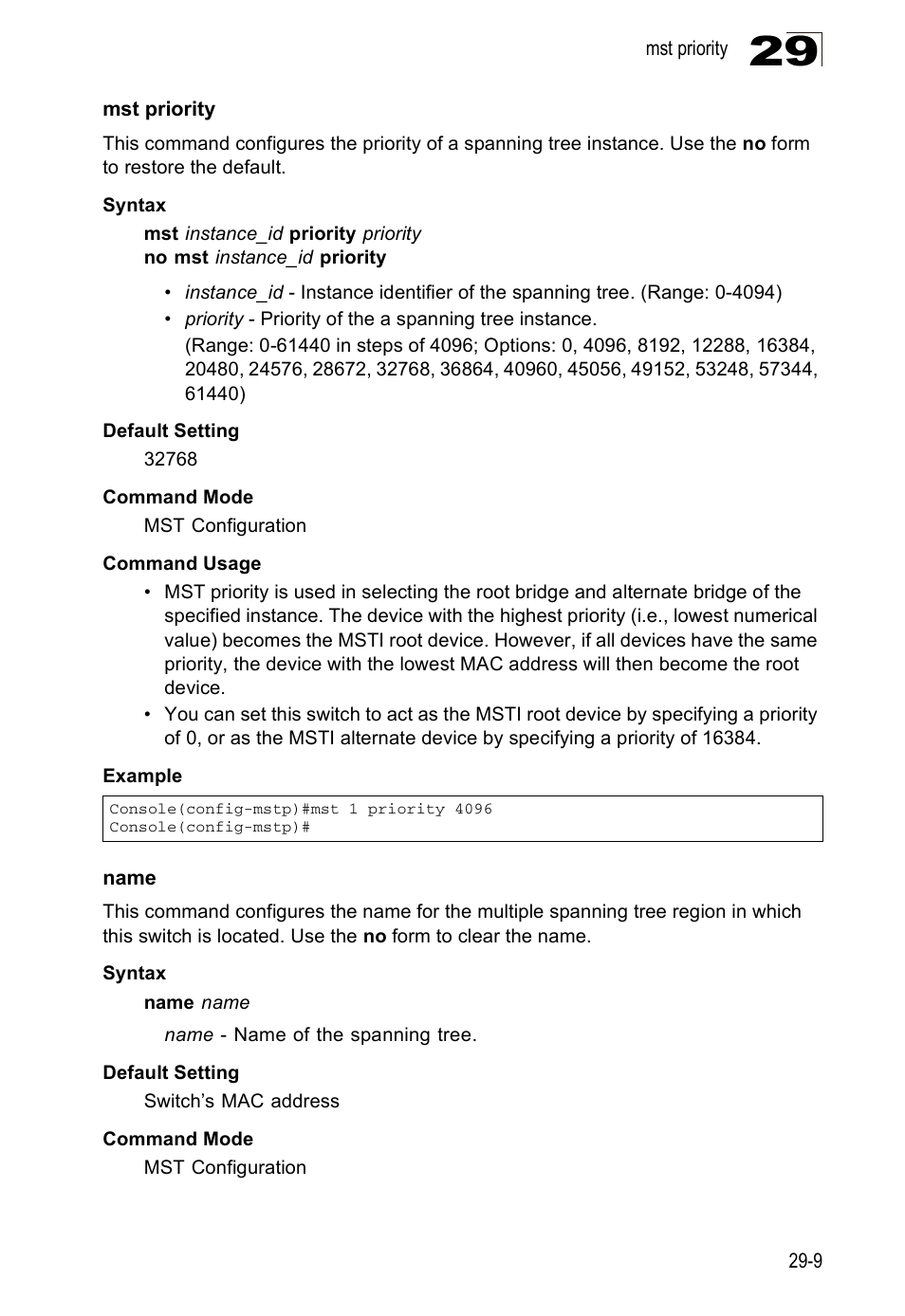 Mst priority, Name, Name 29-9 | Mst priority (29-9) name (29-9), Ge 29-9) | Edge Products ES3528-WDM User Manual | Page 445 / 556