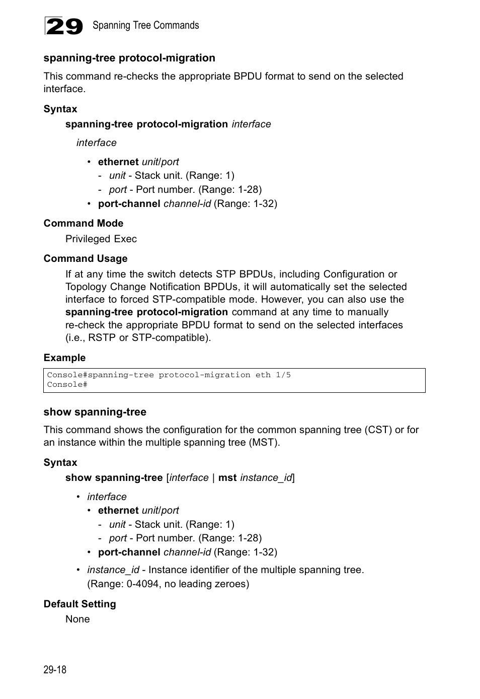 Spanning-tree protocol-migration, Show spanning-tree | Edge Products ES3528-WDM User Manual | Page 454 / 556