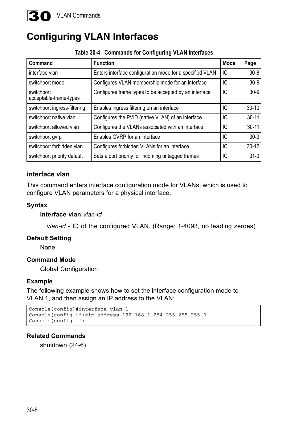 Configuring vlan interfaces, Interface vlan, Table 30-4 | Commands for configuring vlan interfaces | Edge Products ES3528-WDM User Manual | Page 464 / 556