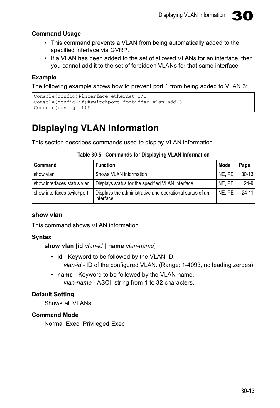Displaying vlan information, Show vlan, Table 30-5 | Commands for displaying vlan information | Edge Products ES3528-WDM User Manual | Page 469 / 556