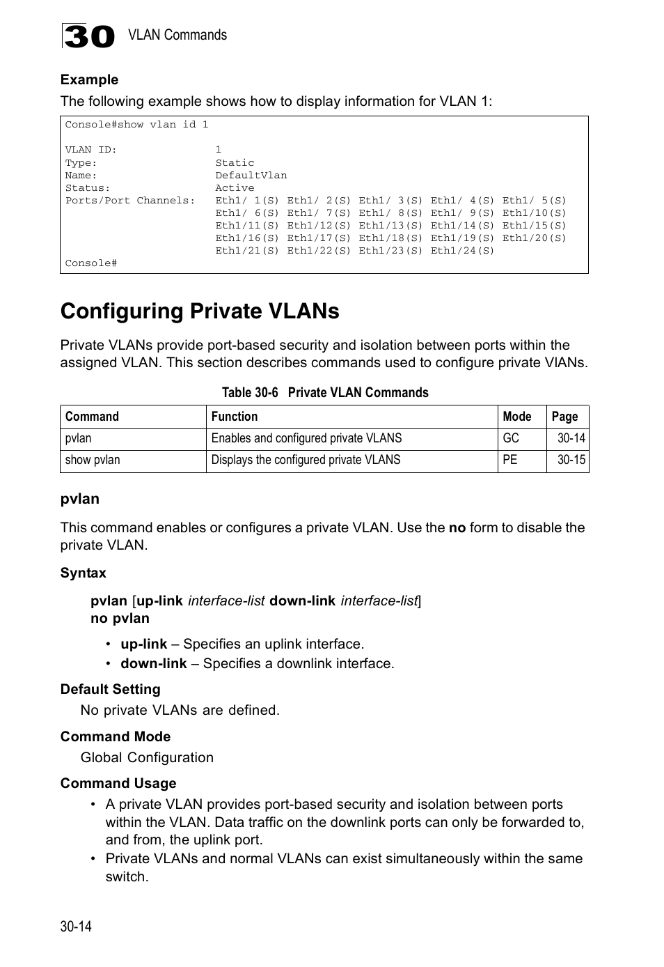 Configuring private vlans, Pvlan, Pvlan 30-14 | Table 30-6, Private vlan commands | Edge Products ES3528-WDM User Manual | Page 470 / 556