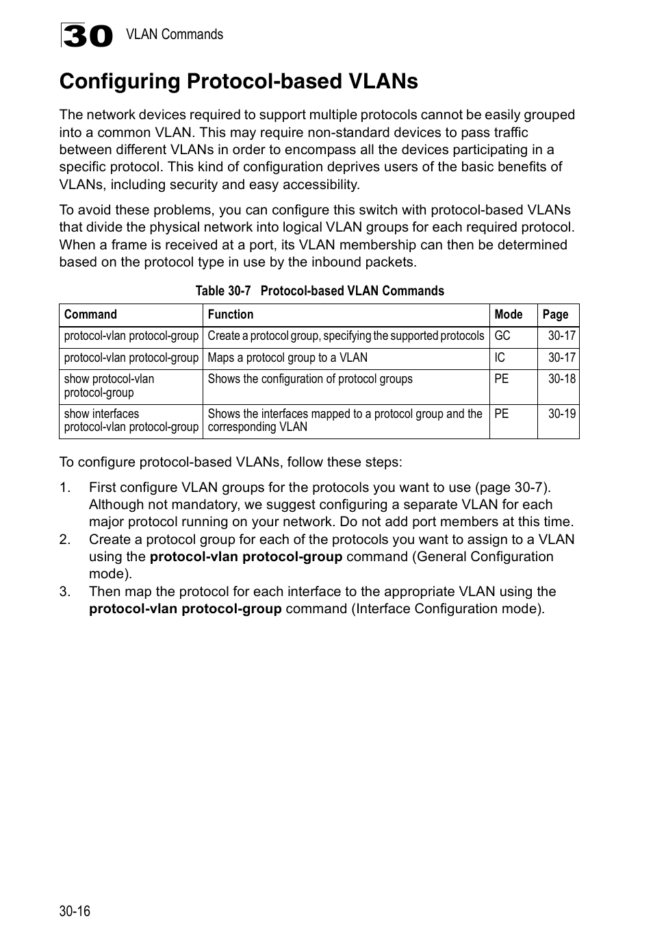 Configuring protocol-based vlans, Table 30-7, Protocol-based vlan commands | Edge Products ES3528-WDM User Manual | Page 472 / 556
