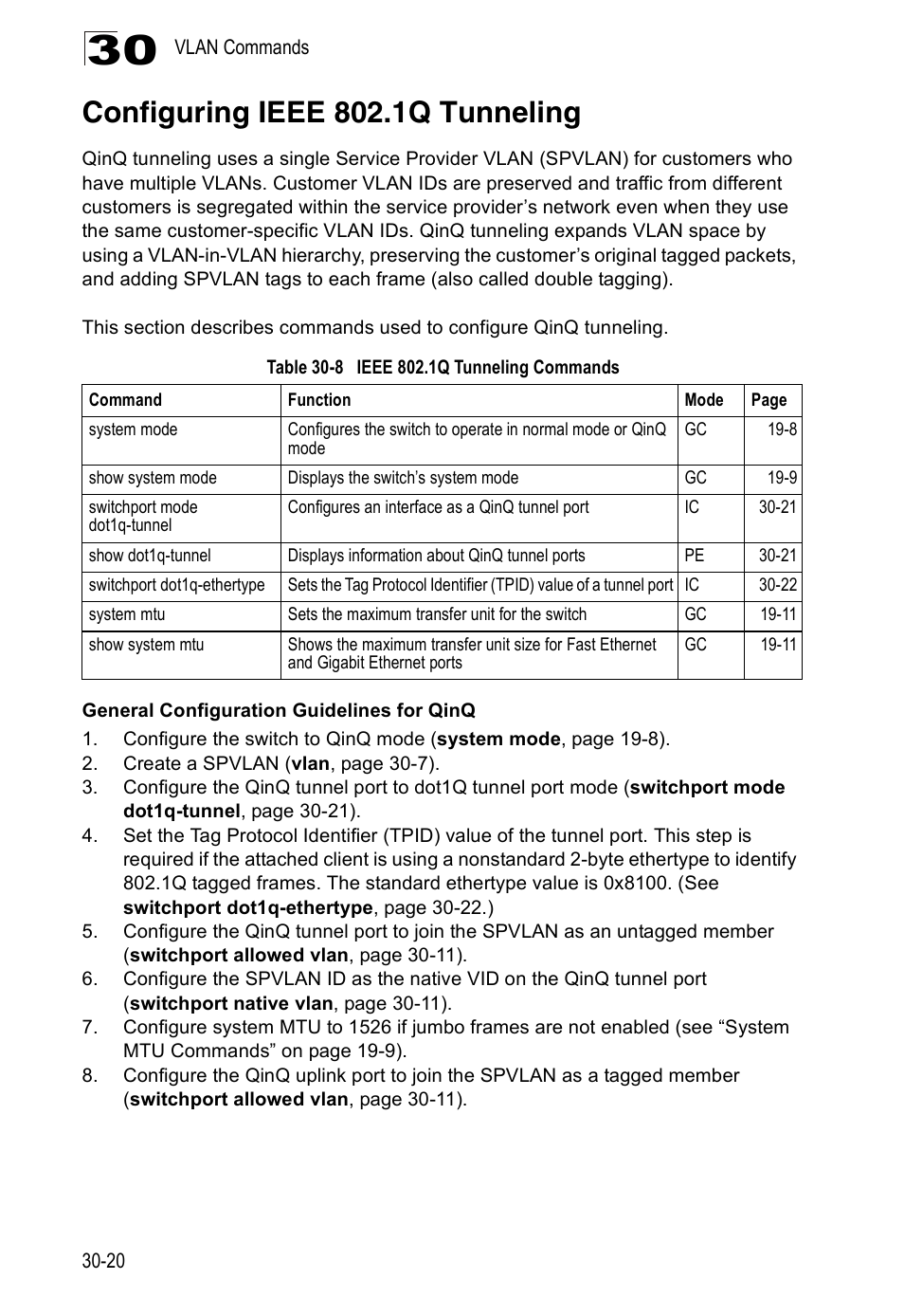 Configuring ieee 802.1q tunneling, Table 30-8, Ieee 802.1q tunneling commands | Edge Products ES3528-WDM User Manual | Page 476 / 556