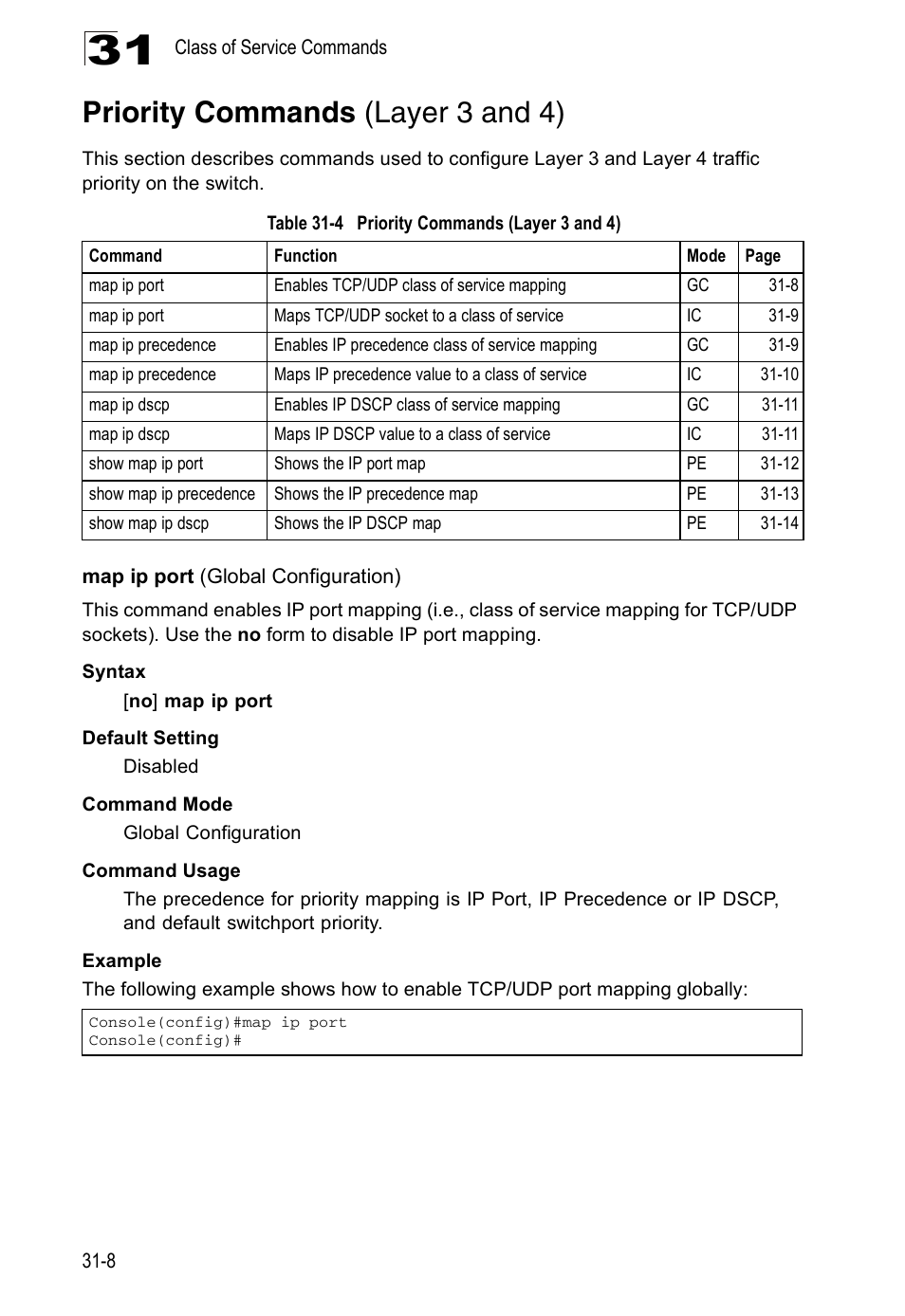 Priority commands (layer 3 and 4), Map ip port (global configuration), Table 31-4 | Edge Products ES3528-WDM User Manual | Page 486 / 556