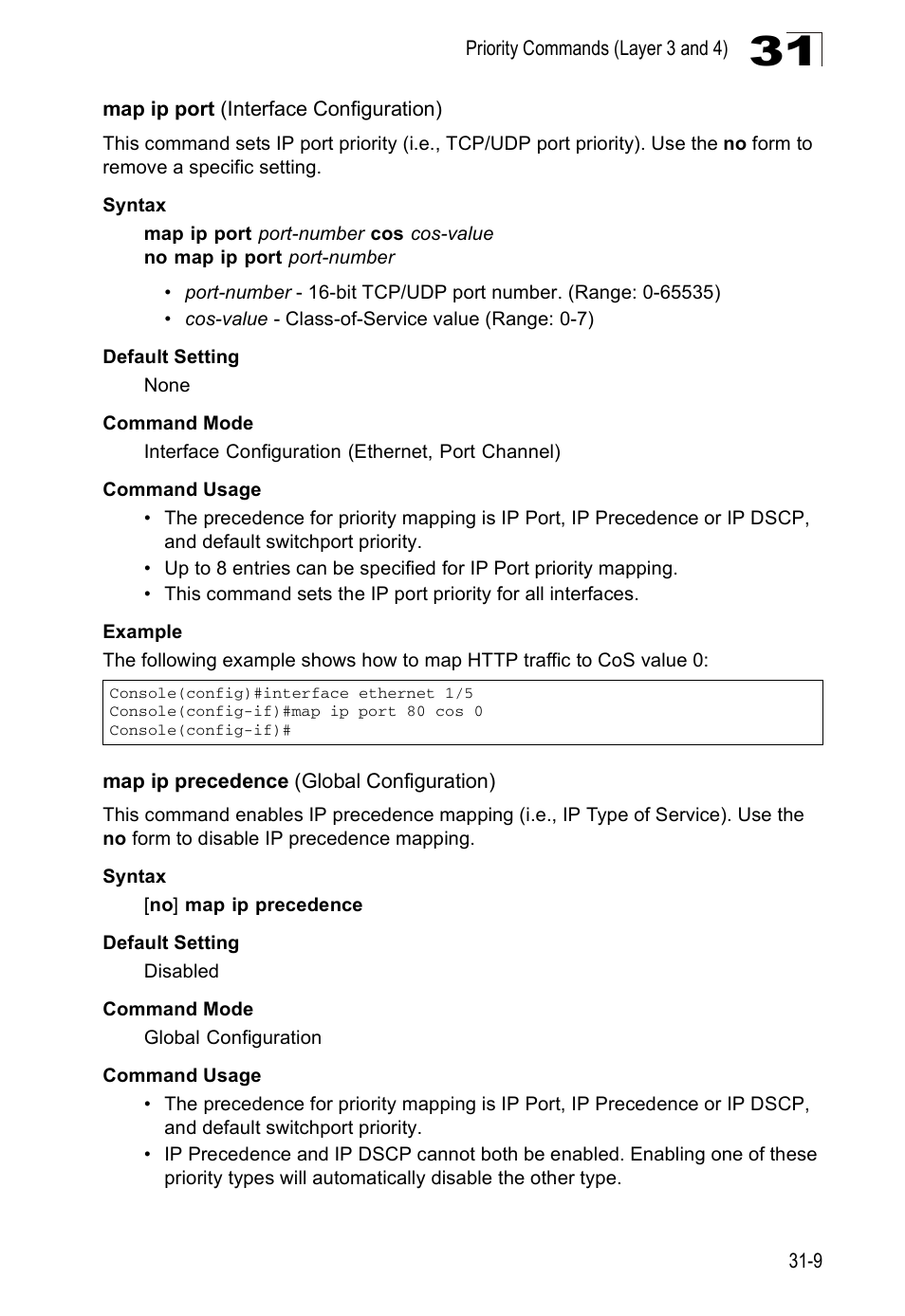 Map ip port (interface configuration), Map ip precedence (global configuration) | Edge Products ES3528-WDM User Manual | Page 487 / 556