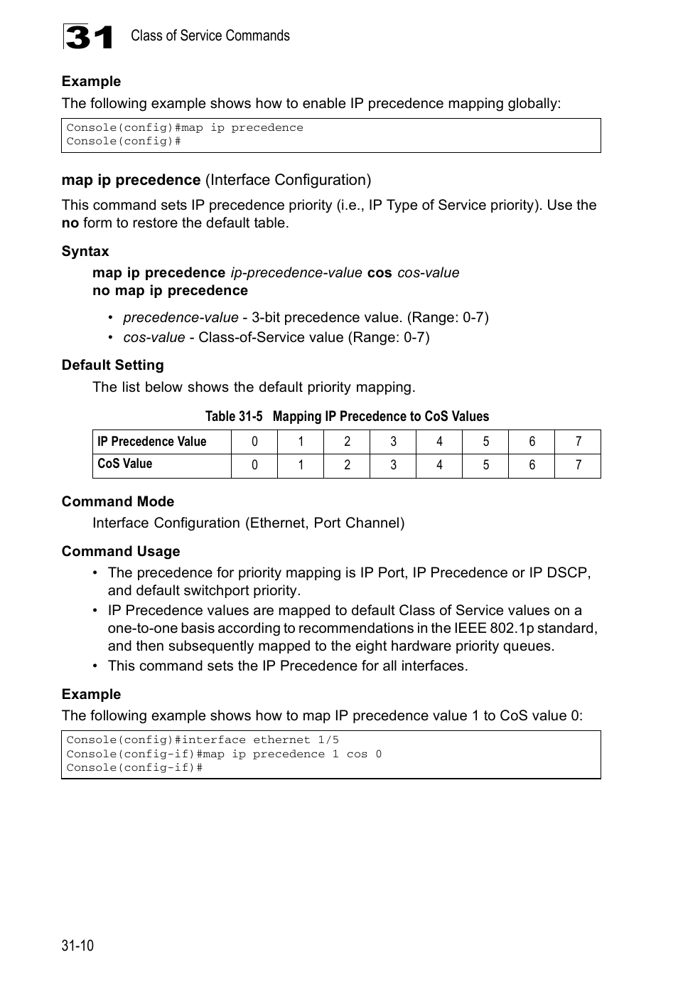 Map ip precedence (interface configuration), Table 31-5, Mapping ip precedence to cos values | Edge Products ES3528-WDM User Manual | Page 488 / 556