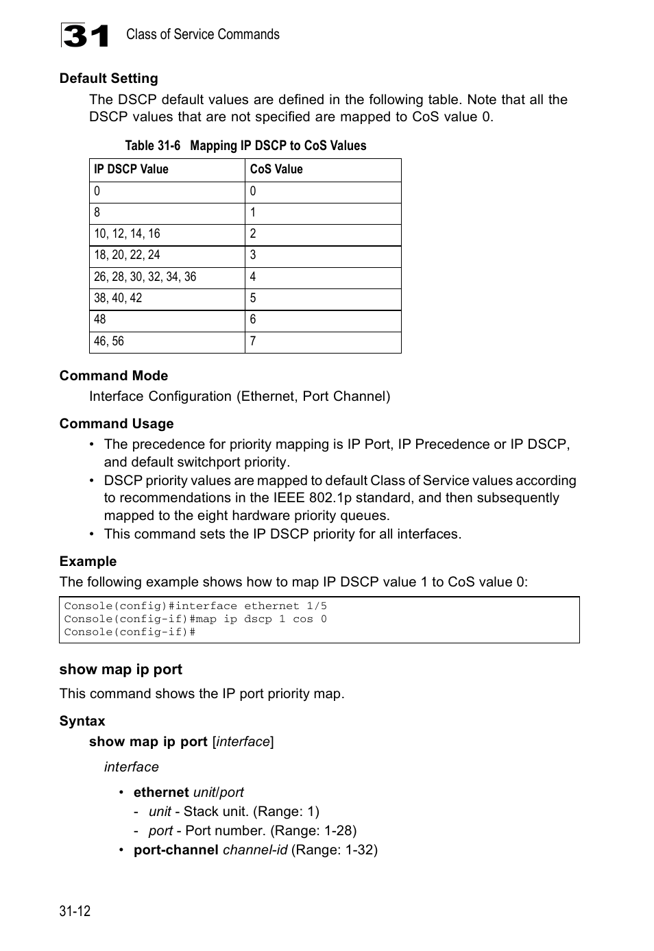 Show map ip port, Table 31-6, Mapping ip dscp to cos values | Edge Products ES3528-WDM User Manual | Page 490 / 556