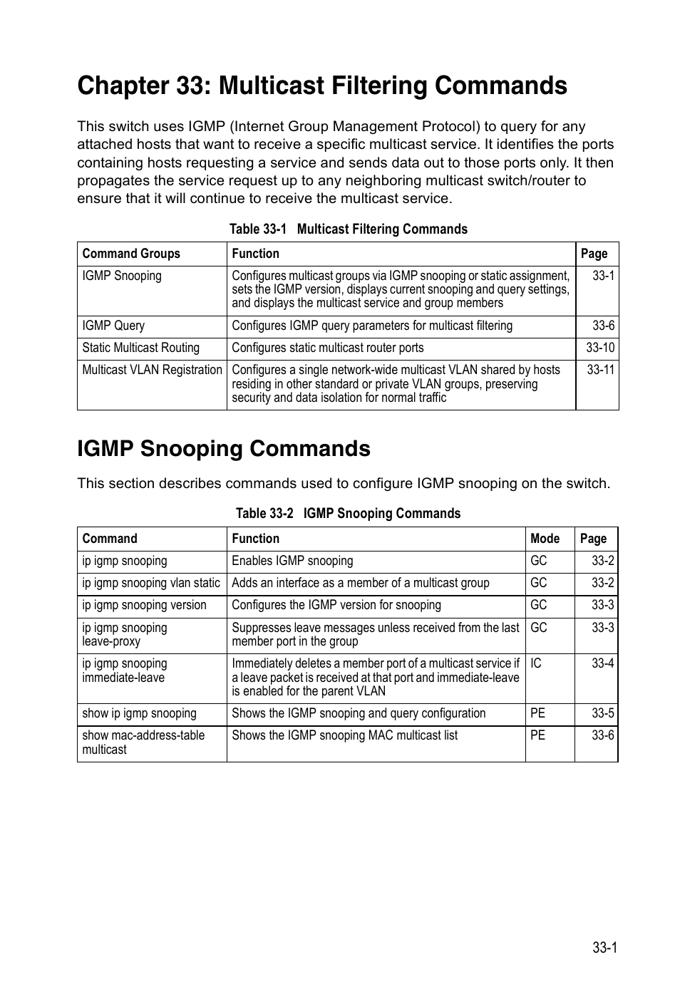 Chapter 33: multicast filtering commands, Igmp snooping commands, Table 33-1 | Multicast filtering commands, Table 33-2 | Edge Products ES3528-WDM User Manual | Page 505 / 556
