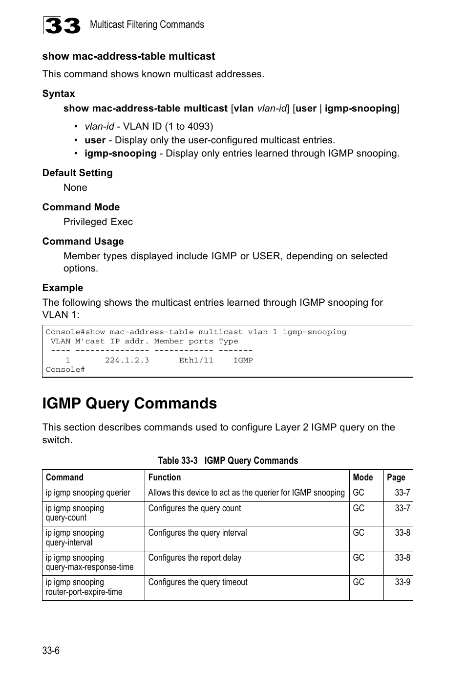 Show mac-address-table multicast, Igmp query commands, Table 33-3 | Edge Products ES3528-WDM User Manual | Page 510 / 556