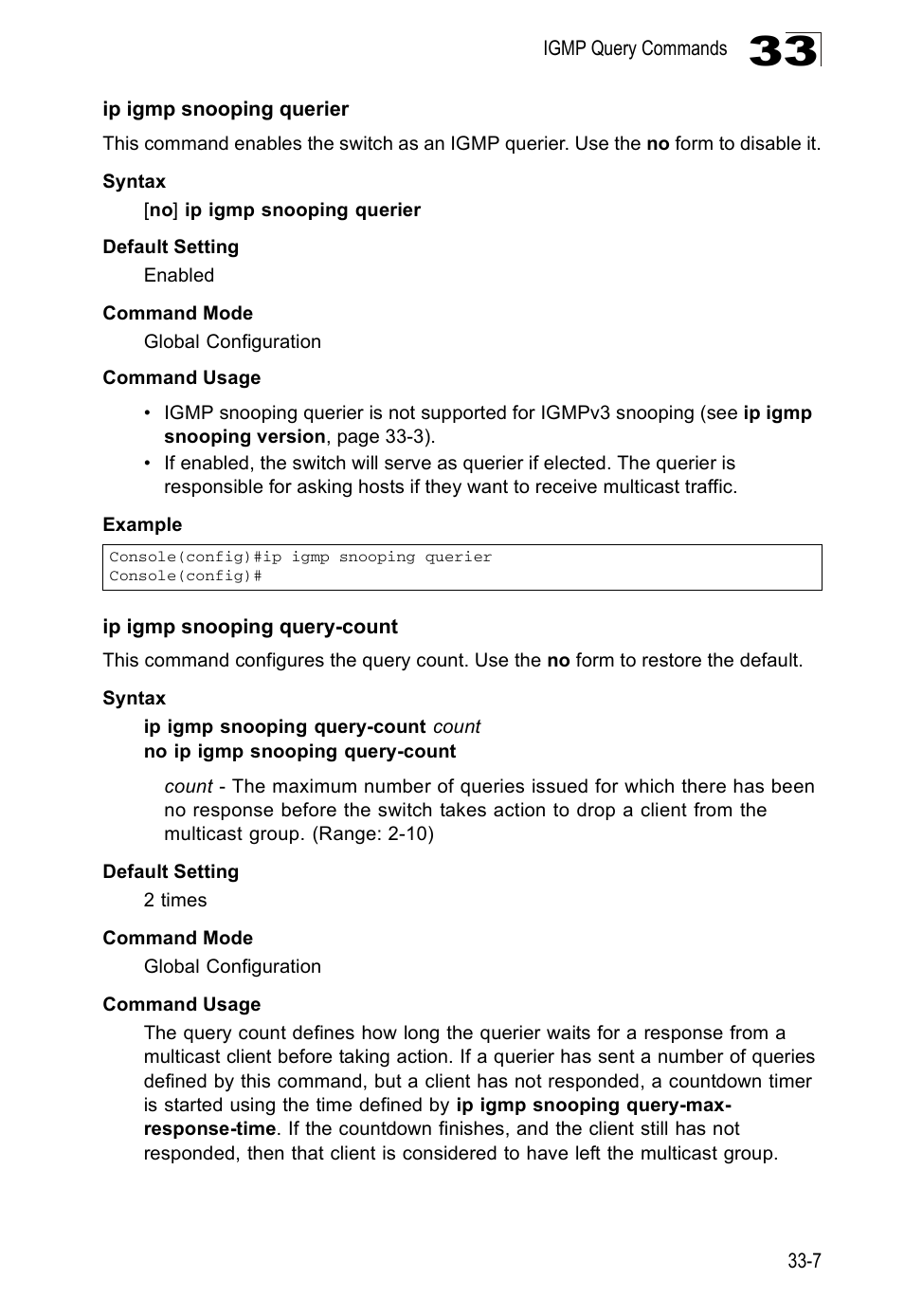 Ip igmp snooping querier, Ip igmp snooping query-count | Edge Products ES3528-WDM User Manual | Page 511 / 556