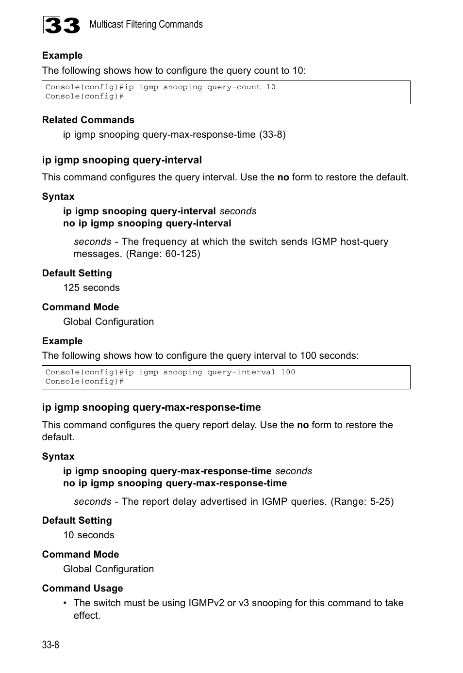Ip igmp snooping query-interval, Ip igmp snooping query-max-response-time, G ip | Igmp snooping query-max-response-time | Edge Products ES3528-WDM User Manual | Page 512 / 556