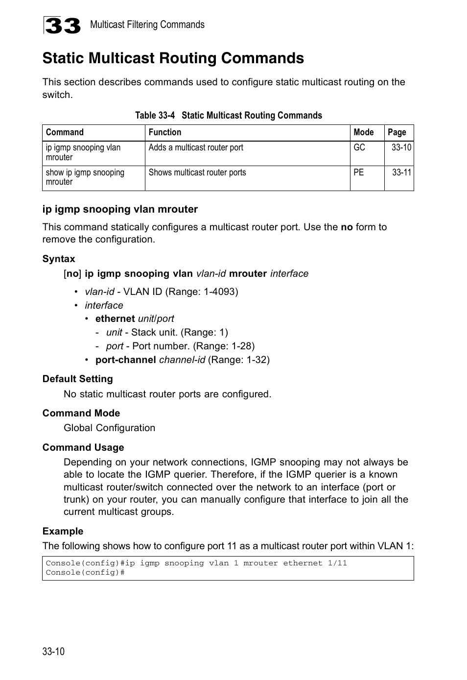 Static multicast routing commands, Ip igmp snooping vlan mrouter, Table 33-4 | Edge Products ES3528-WDM User Manual | Page 514 / 556