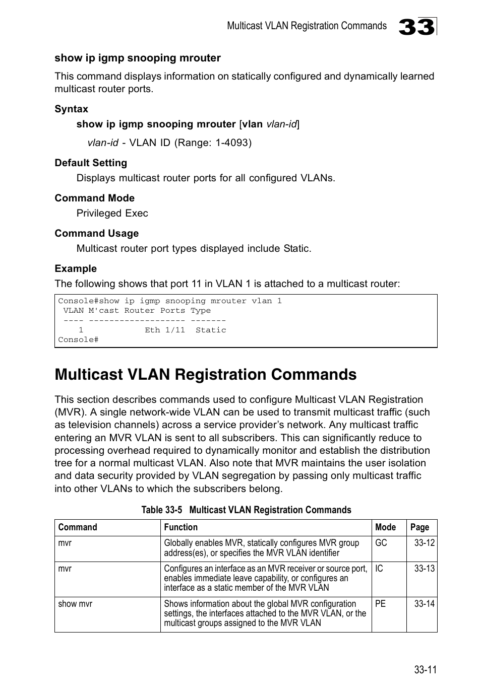 Show ip igmp snooping mrouter, Multicast vlan registration commands, Table 33-5 | Edge Products ES3528-WDM User Manual | Page 515 / 556
