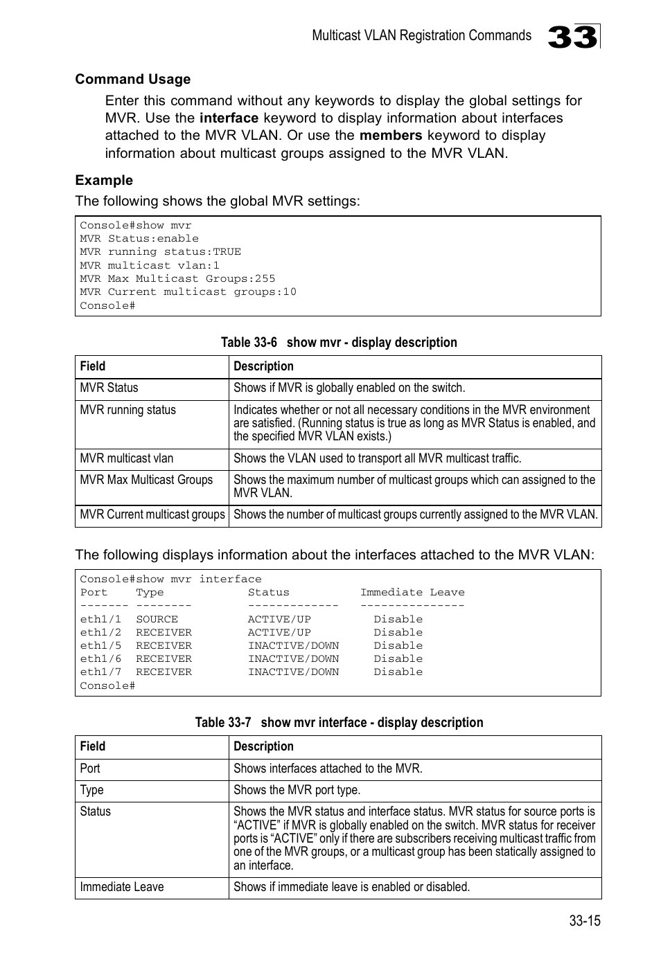 Table 33-6, Show mvr - display description, Table 33-7 | Show mvr interface - display description | Edge Products ES3528-WDM User Manual | Page 519 / 556