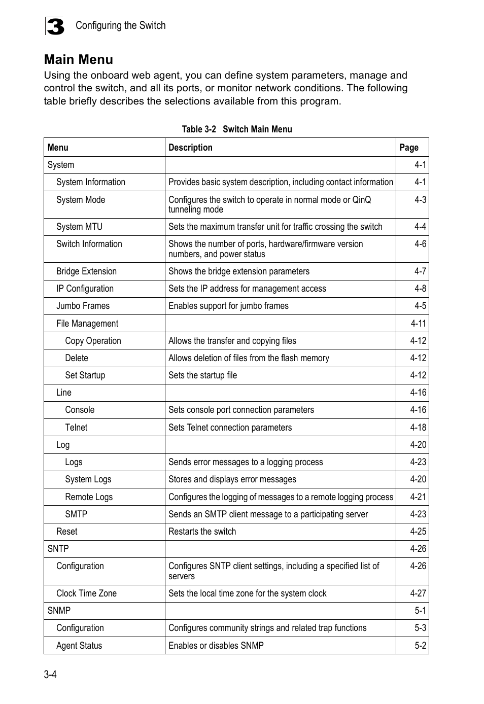 Main menu, Table 3-2, Switch main menu | Edge Products ES3528-WDM User Manual | Page 52 / 556