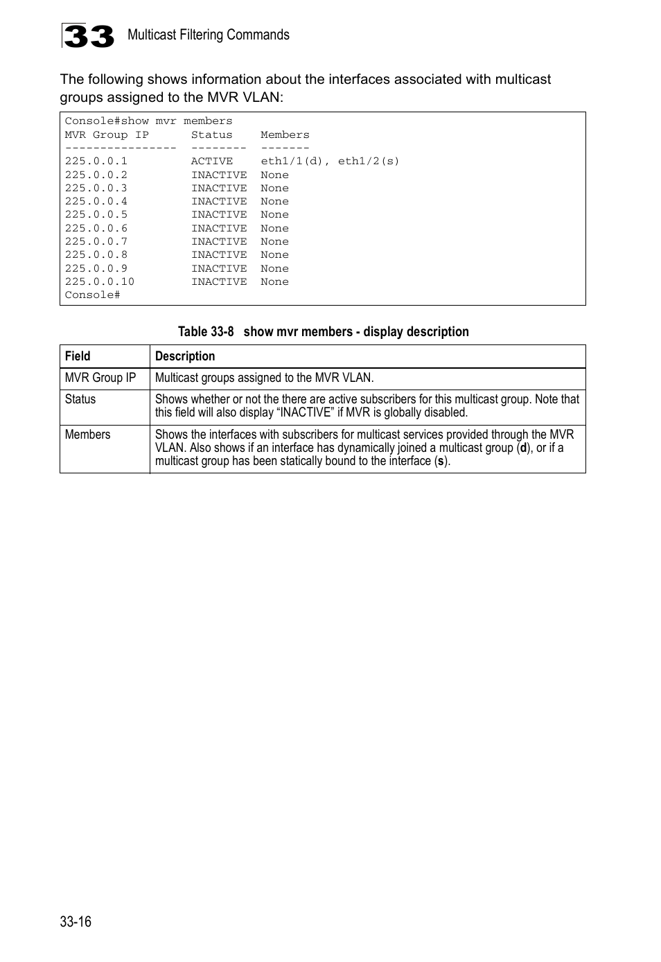Table 33-8, Show mvr members - display description | Edge Products ES3528-WDM User Manual | Page 520 / 556
