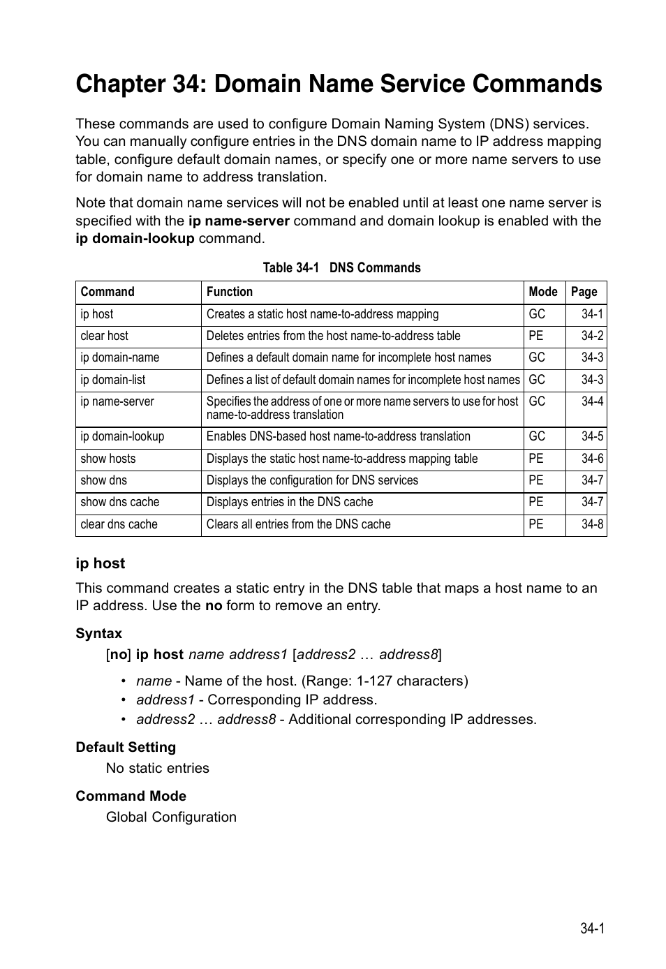 Chapter 34: domain name service commands, Ip host, Table 34-1 | Dns commands, Domain name service commands | Edge Products ES3528-WDM User Manual | Page 521 / 556