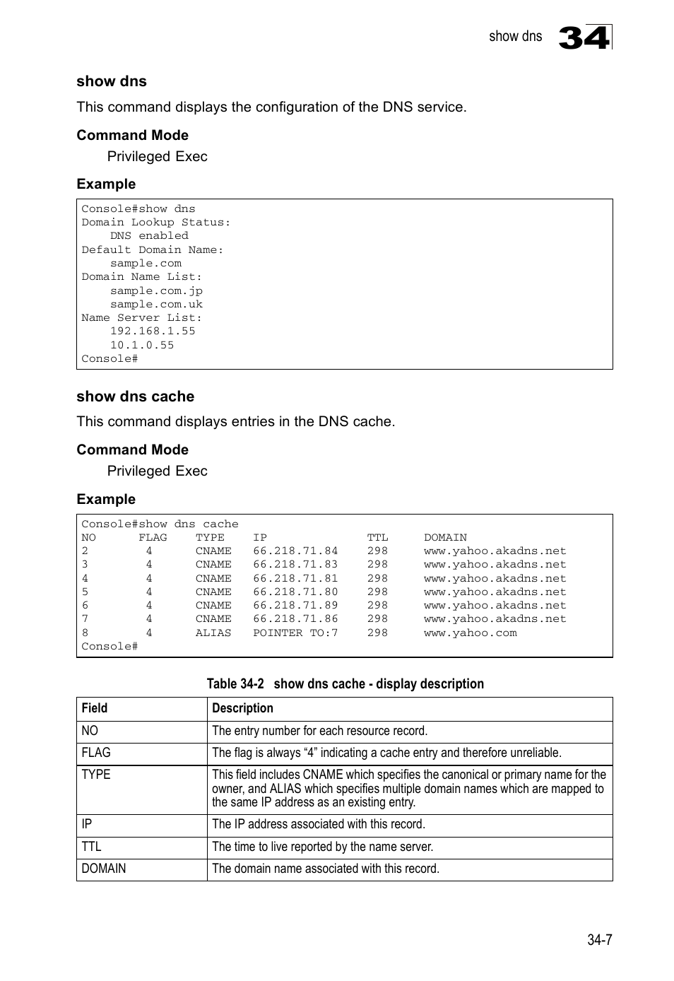 Show dns, Show dns cache, Table 34-2 | Show dns cache - display description | Edge Products ES3528-WDM User Manual | Page 527 / 556
