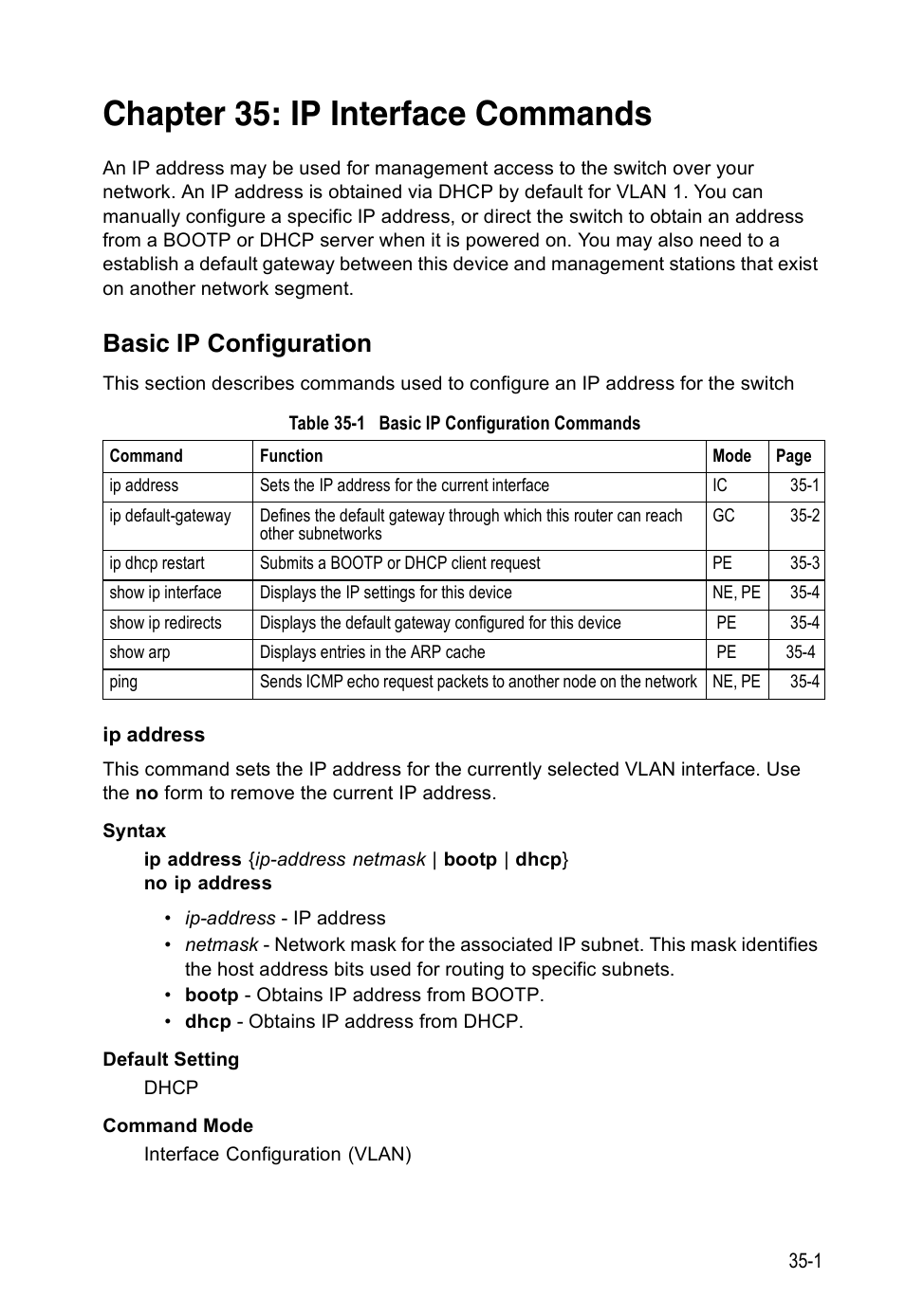 Chapter 35: ip interface commands, Basic ip configuration, Ip address | Table 35-1, Basic ip configuration commands, Ip interface commands | Edge Products ES3528-WDM User Manual | Page 529 / 556