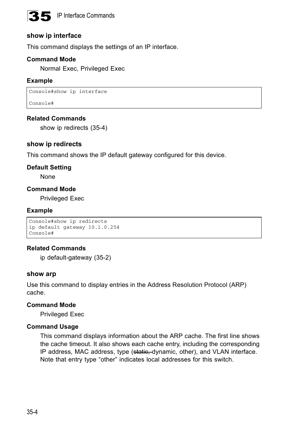 Show ip interface, Show ip redirects, Show arp | Edge Products ES3528-WDM User Manual | Page 532 / 556