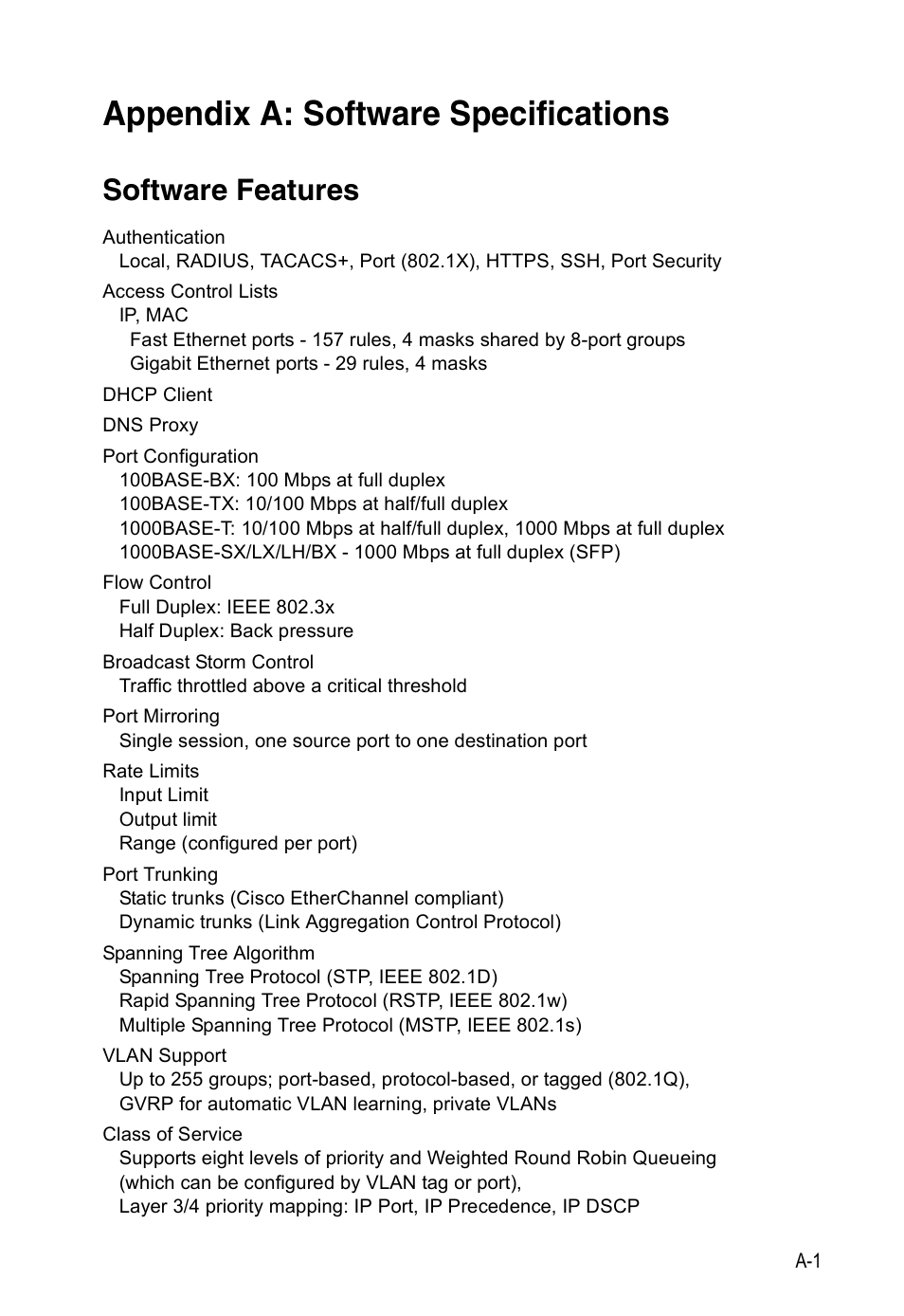 Appendix a: software specifications, Software features, Software specifications | Edge Products ES3528-WDM User Manual | Page 537 / 556