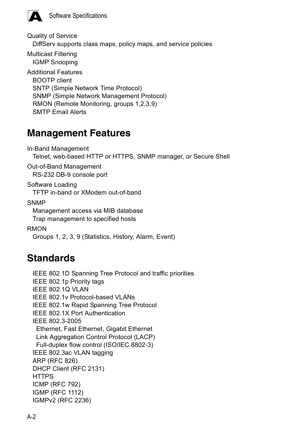 Management features, Standards, Standards a-2 | Edge Products ES3528-WDM User Manual | Page 538 / 556