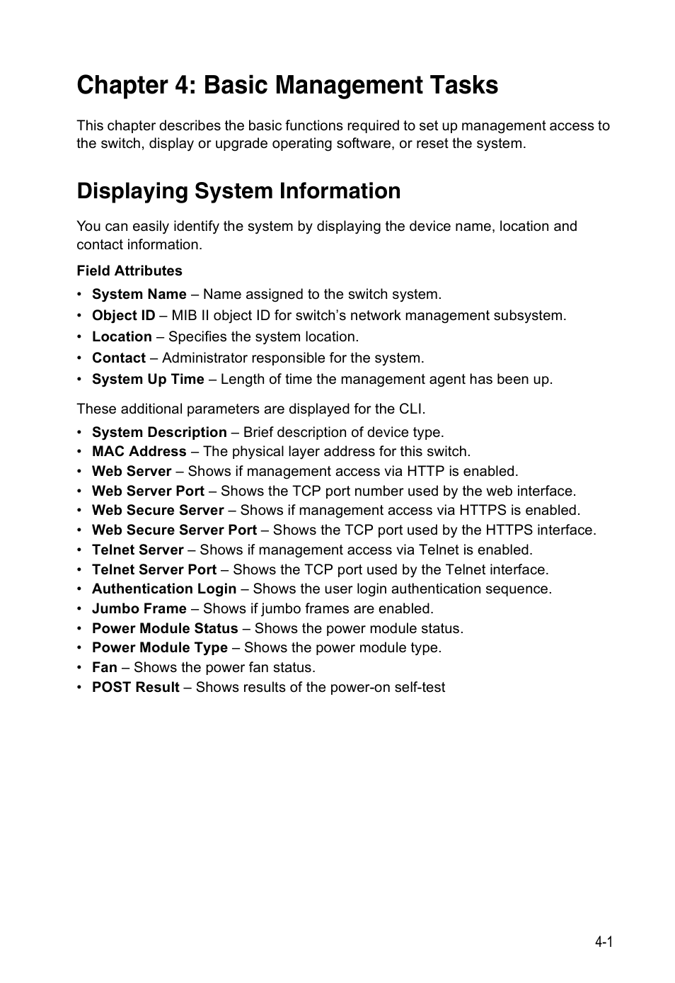 Chapter 4: basic management tasks, Displaying system information, Basic management tasks | Edge Products ES3528-WDM User Manual | Page 57 / 556