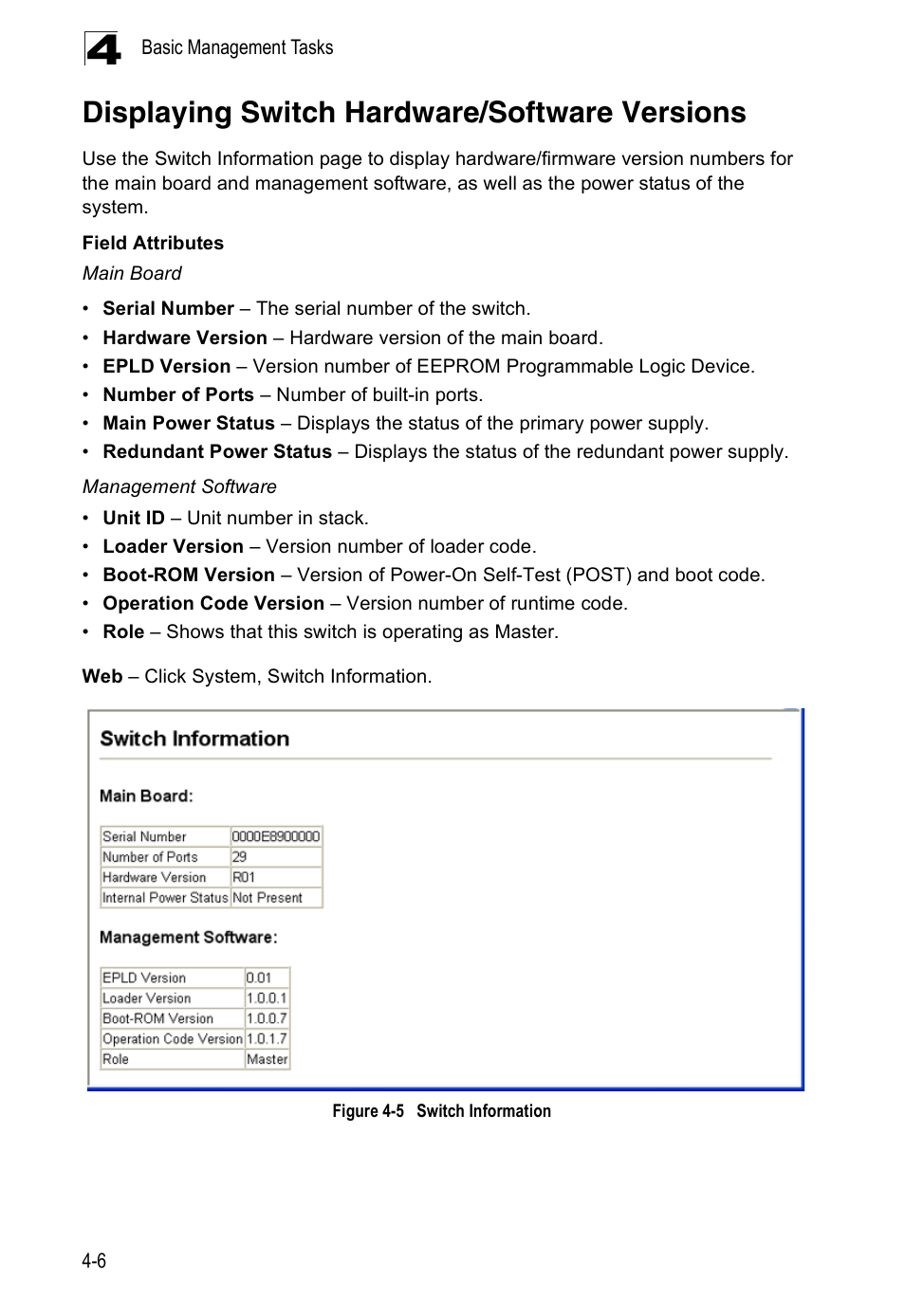 Displaying switch hardware/software versions, Figure 4-5, Switch information | Edge Products ES3528-WDM User Manual | Page 62 / 556