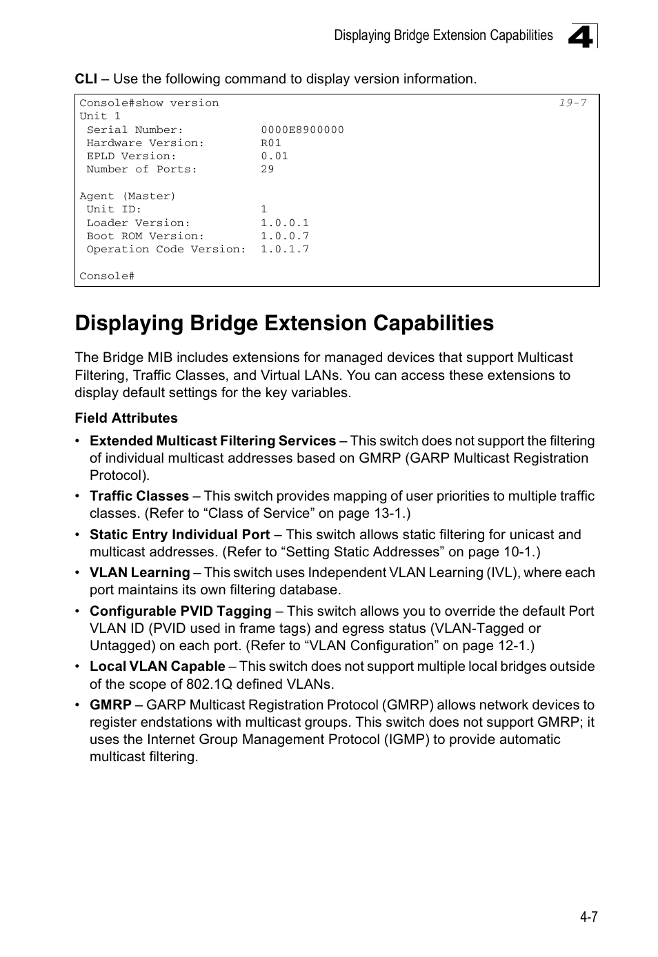 Displaying bridge extension capabilities | Edge Products ES3528-WDM User Manual | Page 63 / 556