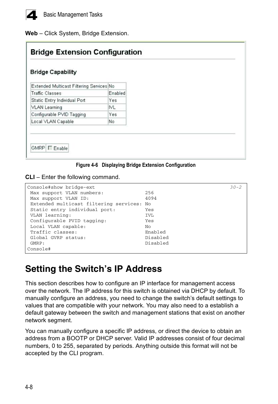 Setting the switch’s ip address, Figure 4-6, Displaying bridge extension configuration | Edge Products ES3528-WDM User Manual | Page 64 / 556