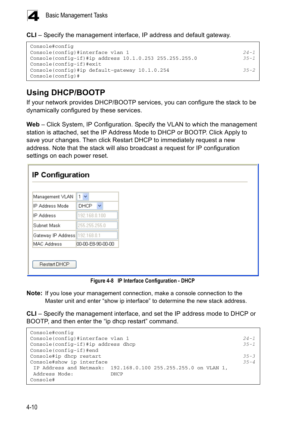 Using dhcp/bootp, Figure 4-8, Ip interface configuration - dhcp | Edge Products ES3528-WDM User Manual | Page 66 / 556
