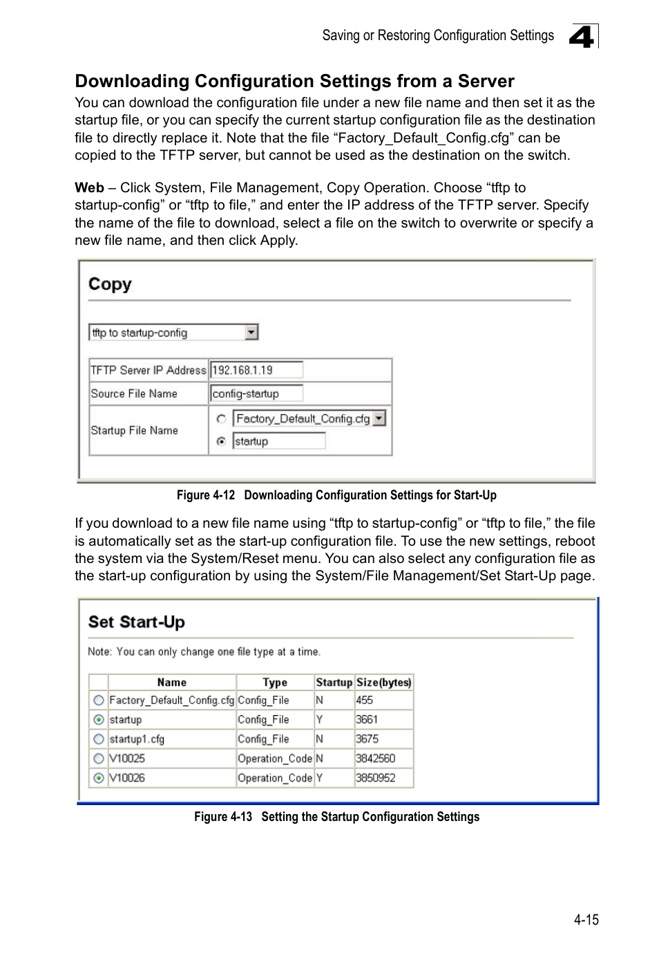 Downloading configuration settings from a server, Figure 4-12, Downloading configuration settings for start-up | Figure 4-13, Setting the startup configuration settings | Edge Products ES3528-WDM User Manual | Page 71 / 556