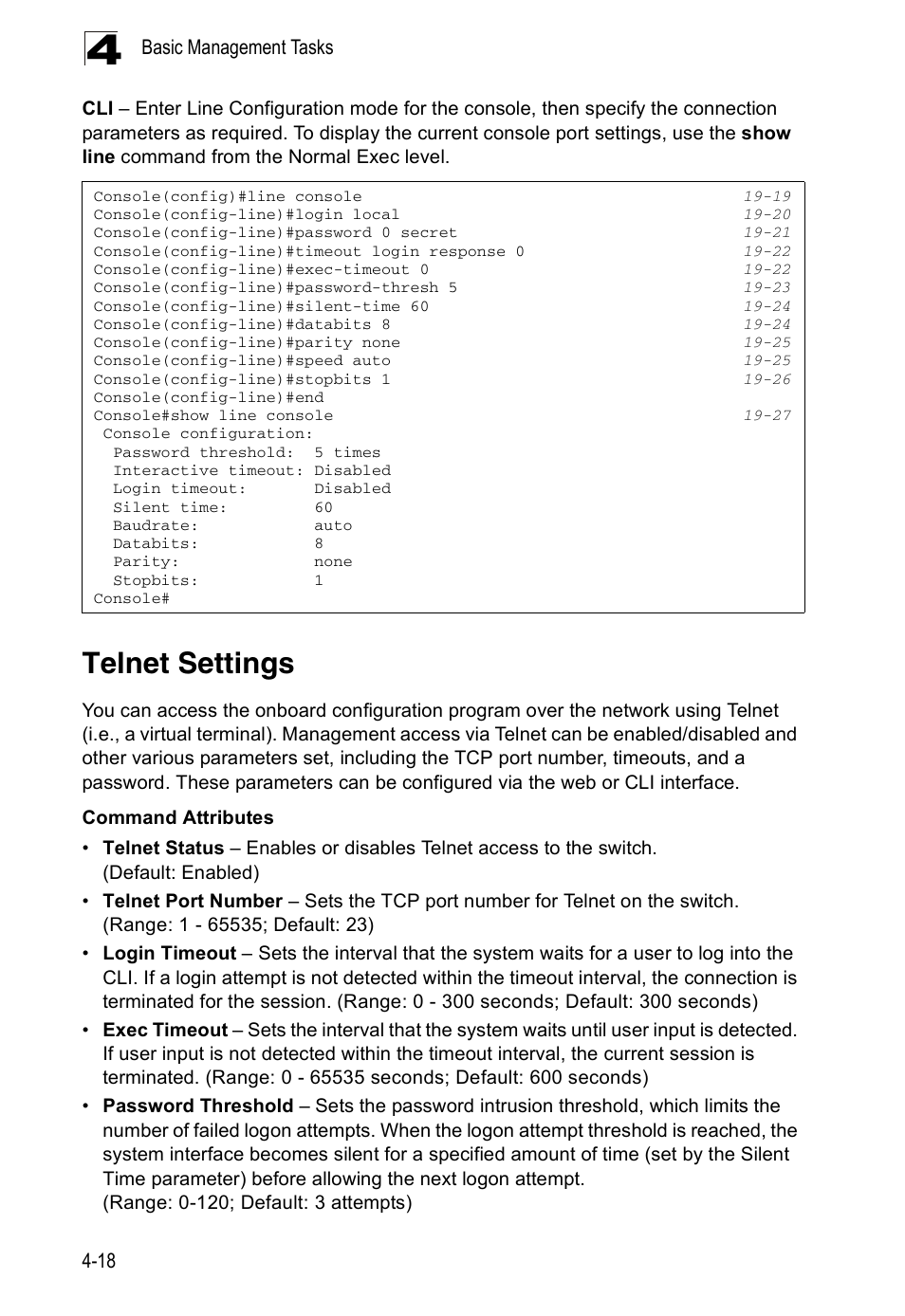 Telnet settings | Edge Products ES3528-WDM User Manual | Page 74 / 556