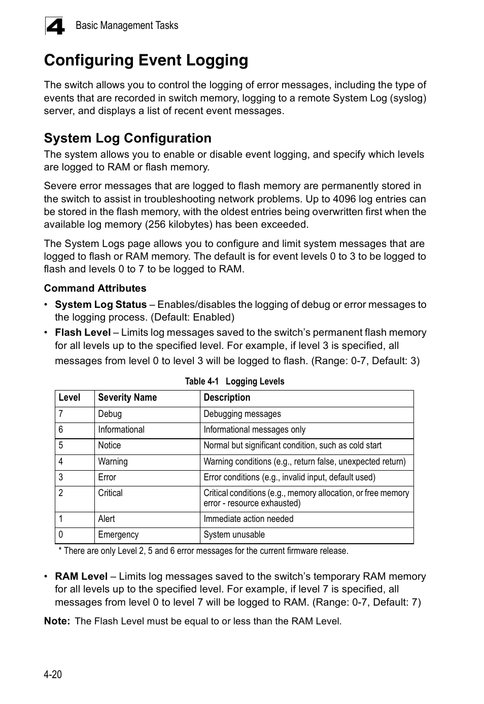 Configuring event logging, System log configuration, Table 4-1 | Logging levels | Edge Products ES3528-WDM User Manual | Page 76 / 556