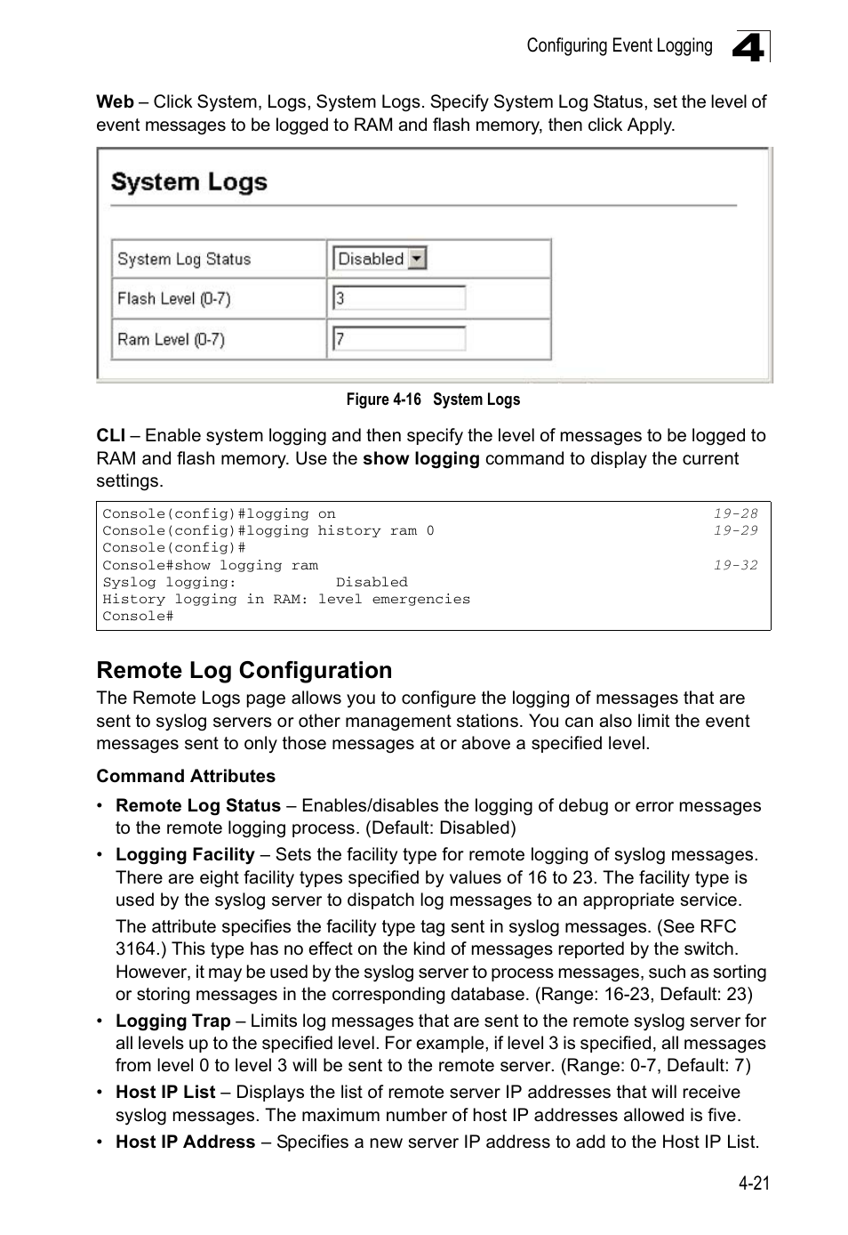 Remote log configuration, Figure 4-16, System logs | Edge Products ES3528-WDM User Manual | Page 77 / 556