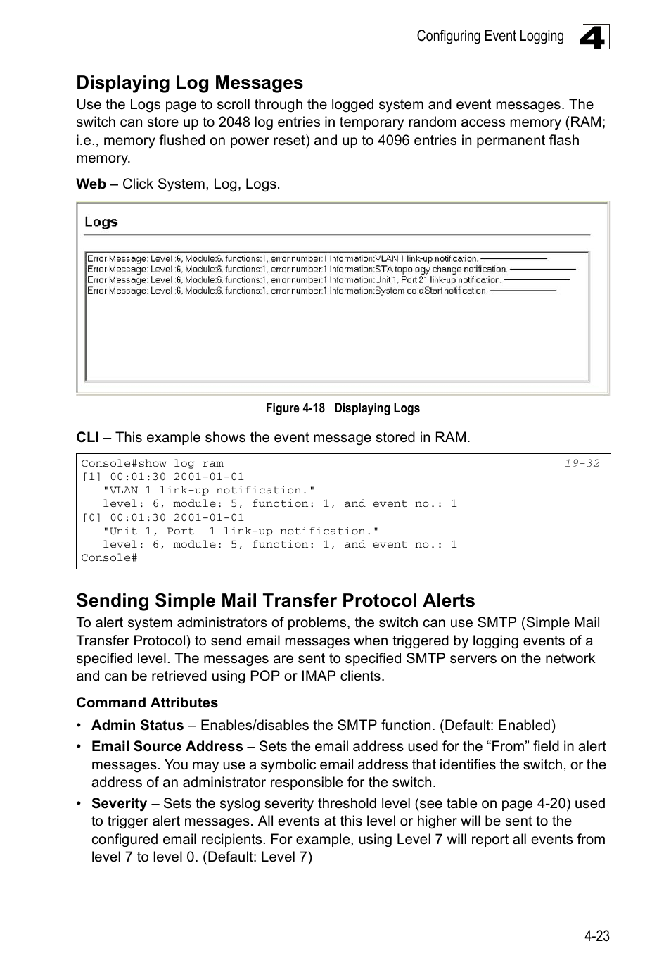 Displaying log messages, Sending simple mail transfer protocol alerts, Figure 4-18 | Displaying logs | Edge Products ES3528-WDM User Manual | Page 79 / 556