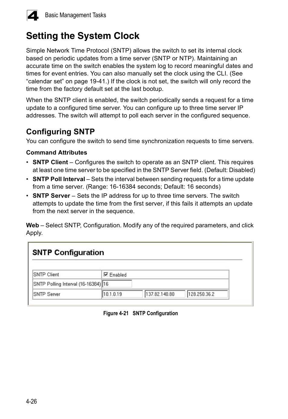 Setting the system clock, Configuring sntp, Figure 4-21 | Sntp configuration | Edge Products ES3528-WDM User Manual | Page 82 / 556