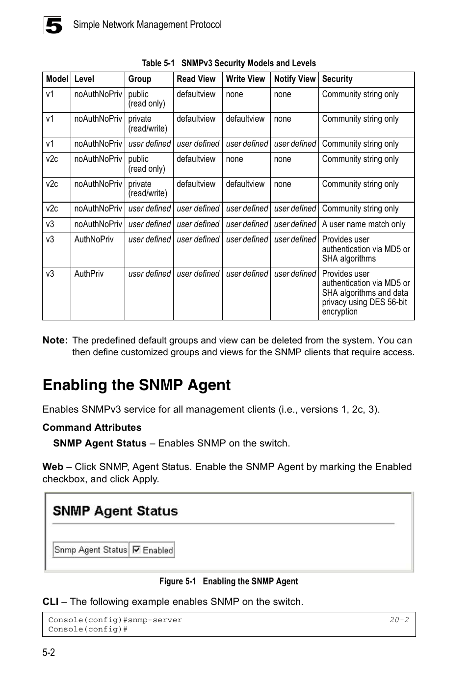 Enabling the snmp agent, Table 5-1, Snmpv3 security models and levels | Figure 5-1 | Edge Products ES3528-WDM User Manual | Page 86 / 556